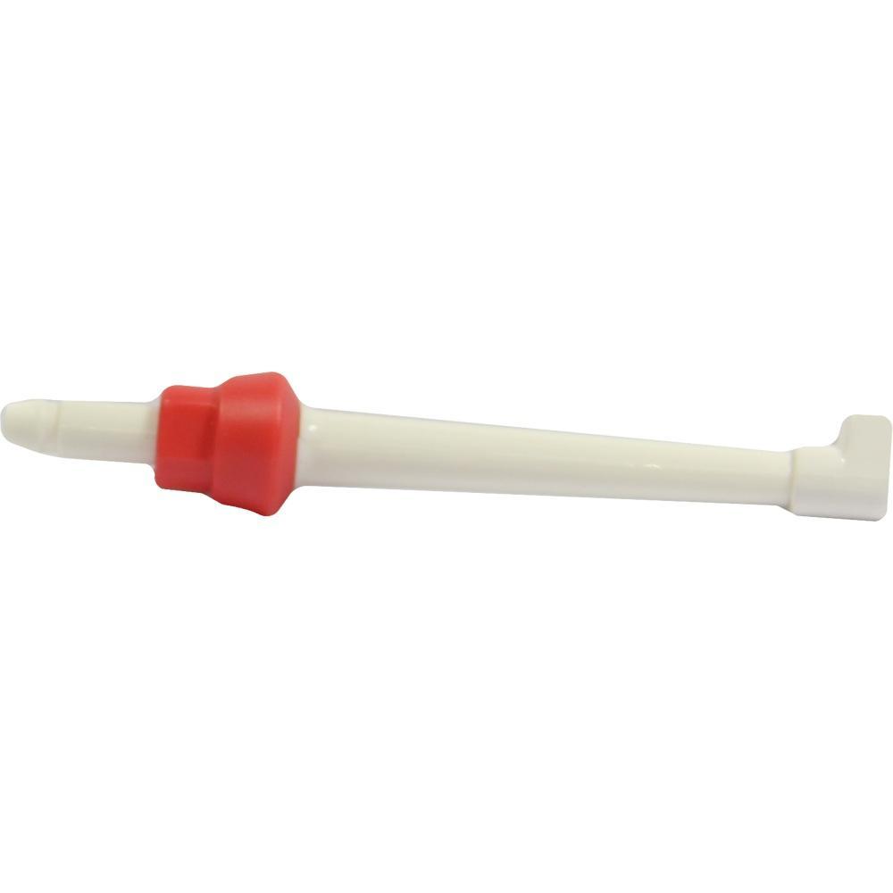 Ein weißer Plastikstift mit einem roten Ring in der Mitte.