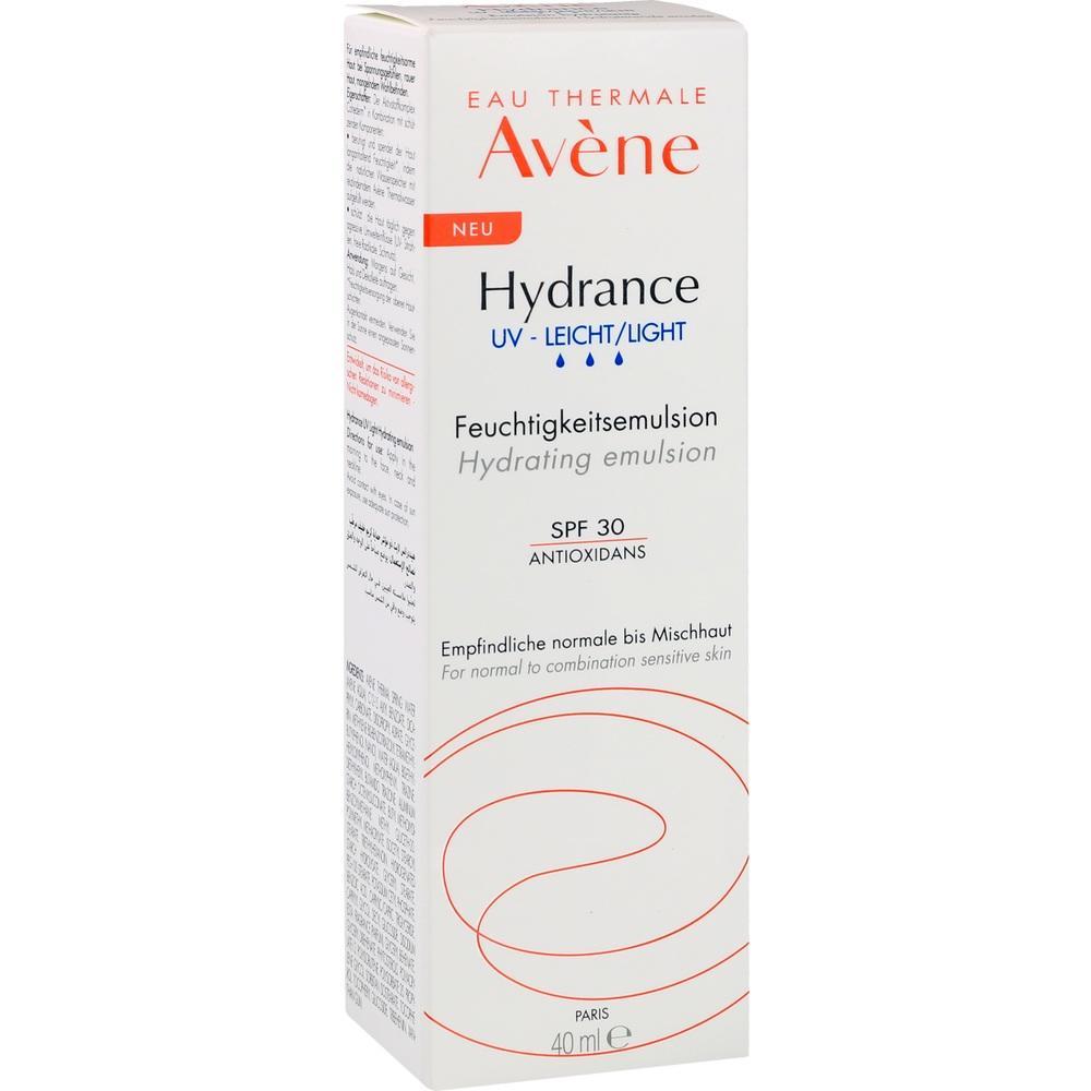 Weiße Avene-Produktbox mit Aufschrift für eine feuchtigkeitsspendende Emulsion, LSF 30.